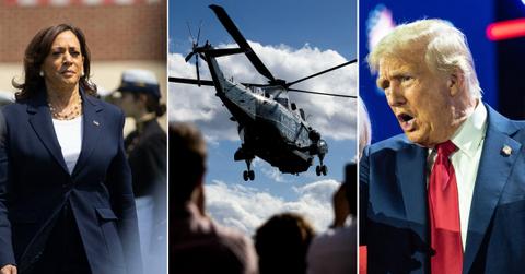 Composite picture of Kamala Harris, US military helicopter and Donald Trump
