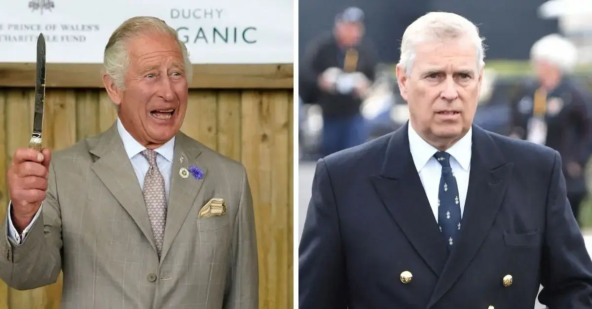 Split photo of Prince Andrew & King Charles III