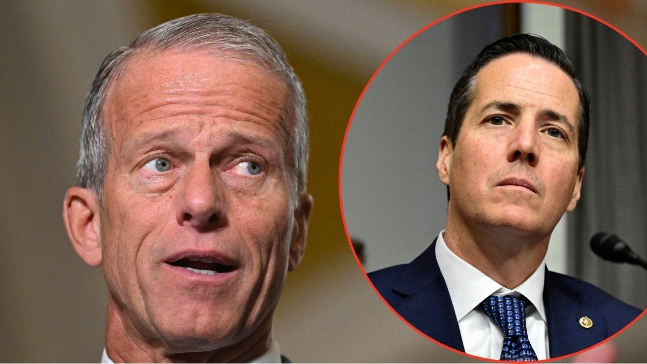 Split image of John Thune and Bernie Moreno