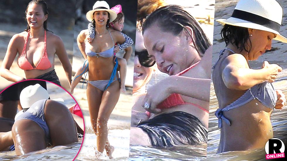 Gal Pals Jessica Alba & Chrissy Teigen Suffer Near Nip Slips On Caribbe...