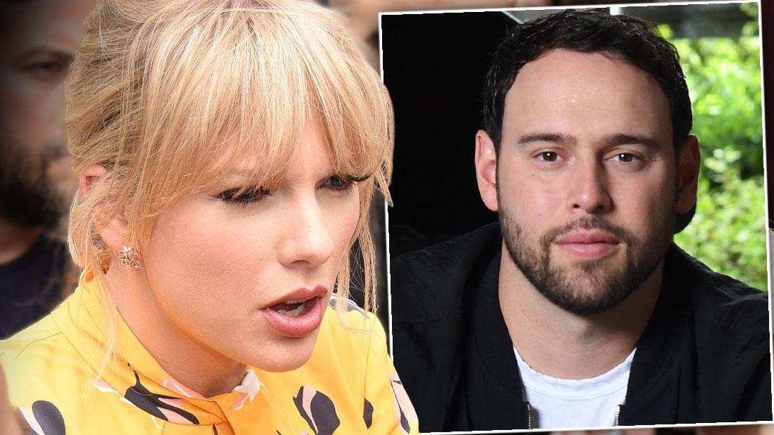 Taylor Swifter in Yellow Print Dress Inset Scooter Braun in White Tshirt With Black Jacket