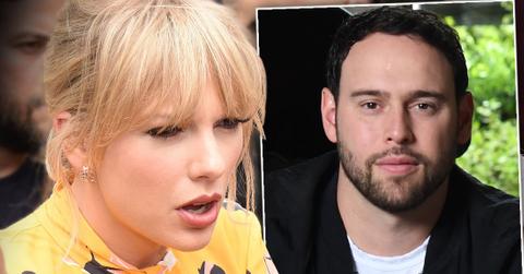 Taylor Swifter in Yellow Print Dress Inset Scooter Braun in White Tshirt With Black Jacket