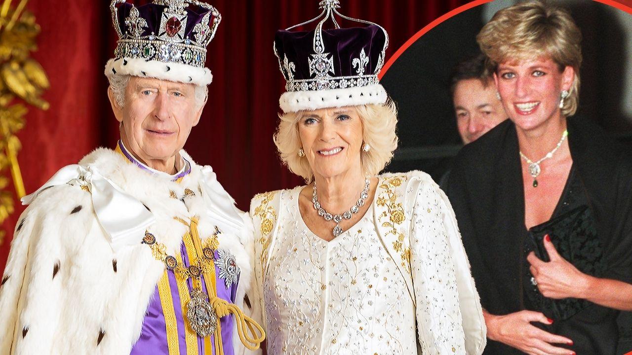 Split photos of Princess Diana, Queen Camilla and King Charles