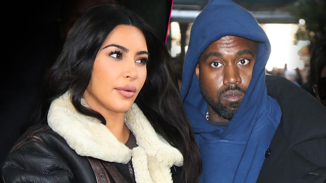 Split of Kim Kardashian Wearing Sheepskin Coat looking Right, Kanye West in Blue Hoodie Looking Straight Ahead Eyes Wide