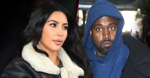 Split of Kim Kardashian Wearing Sheepskin Coat looking Right, Kanye West in Blue Hoodie Looking Straight Ahead Eyes Wide