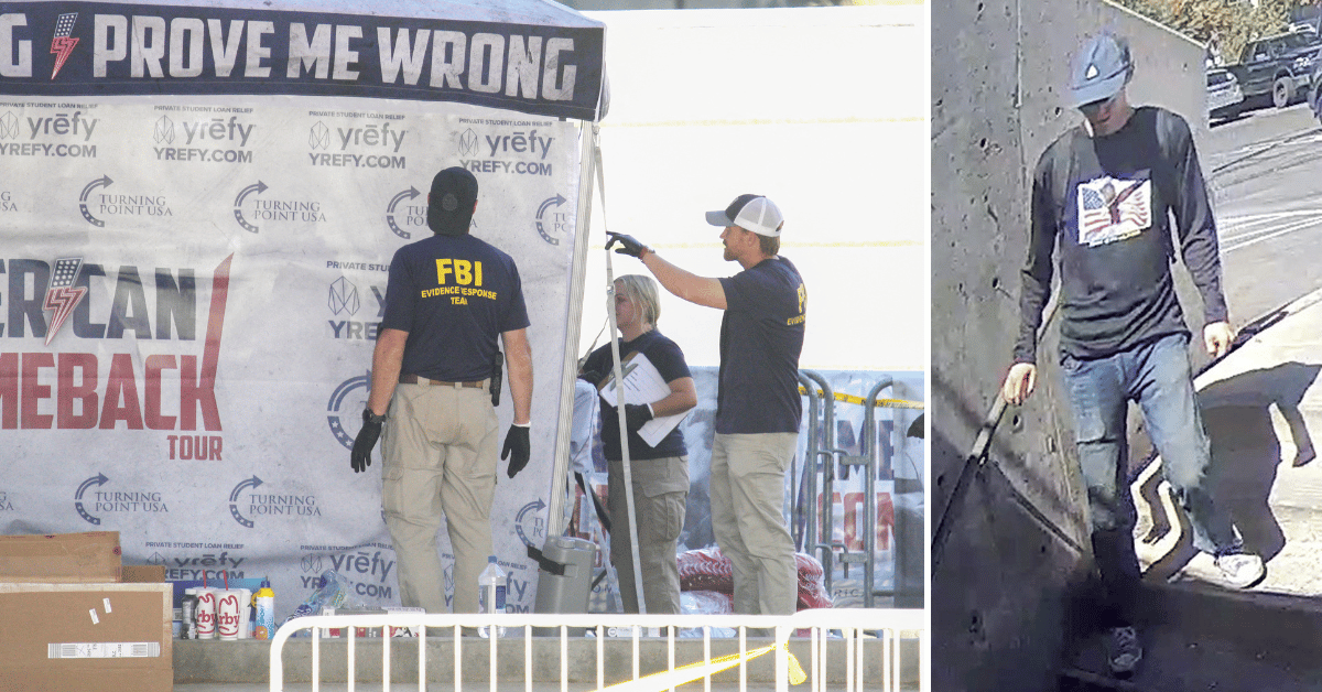 Split photo of crime scene at Utah Valley University, suspected gunman on campus security cameras