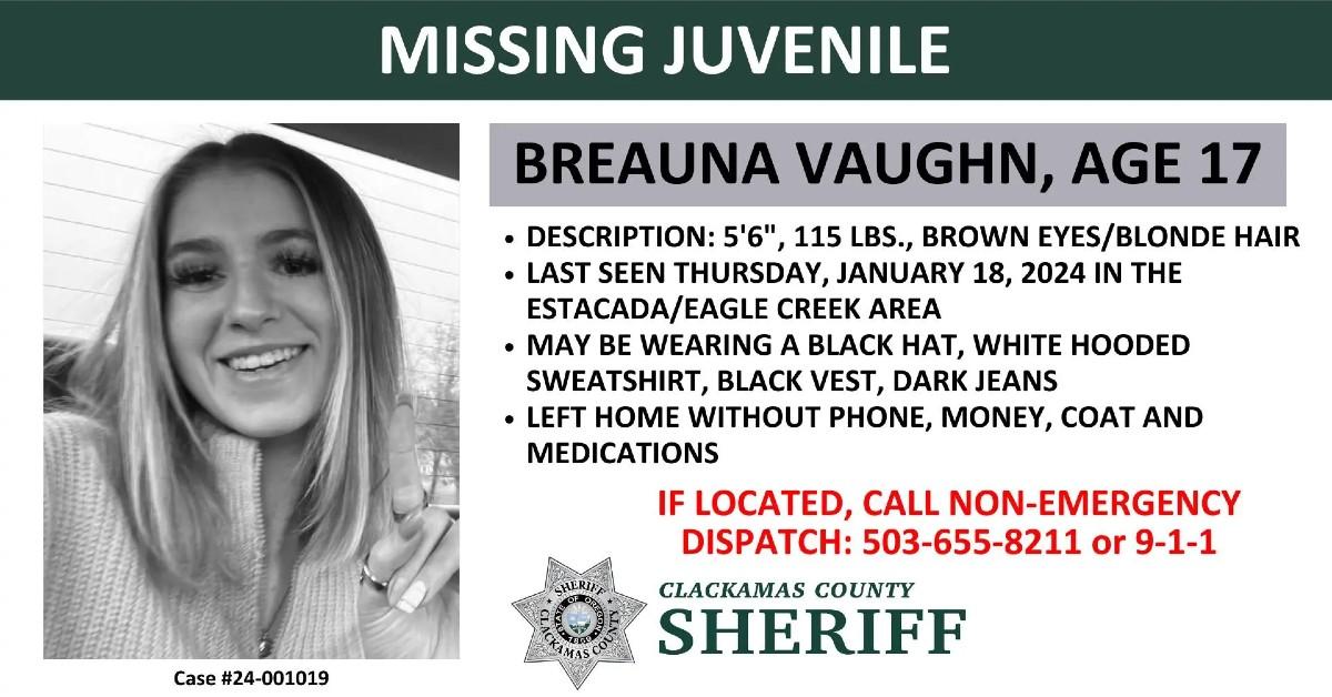 breana vaughn search way  year old clackamas county sheriffs office