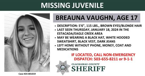 breana vaughn search way  year old clackamas county sheriffs office