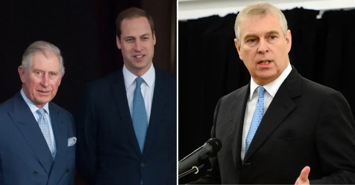 Split photo of King Charles and Prince William, Prince Andrew