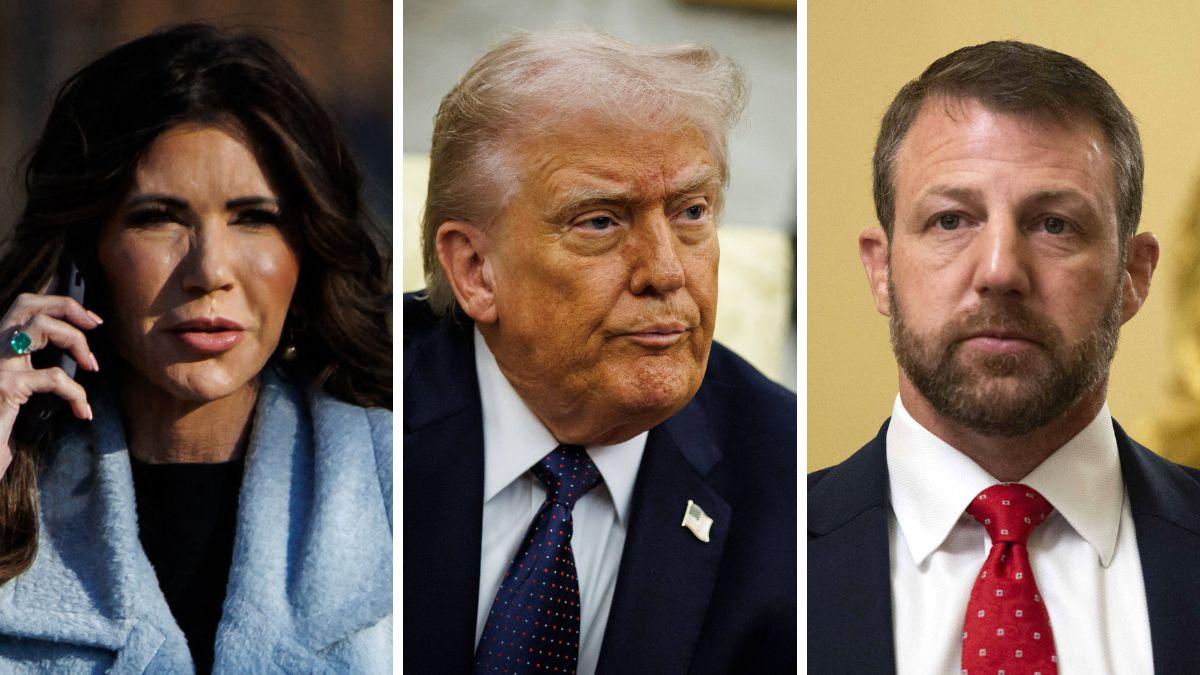 Photo of Kristi Noem, Donald Trump, Markwayne Mullin