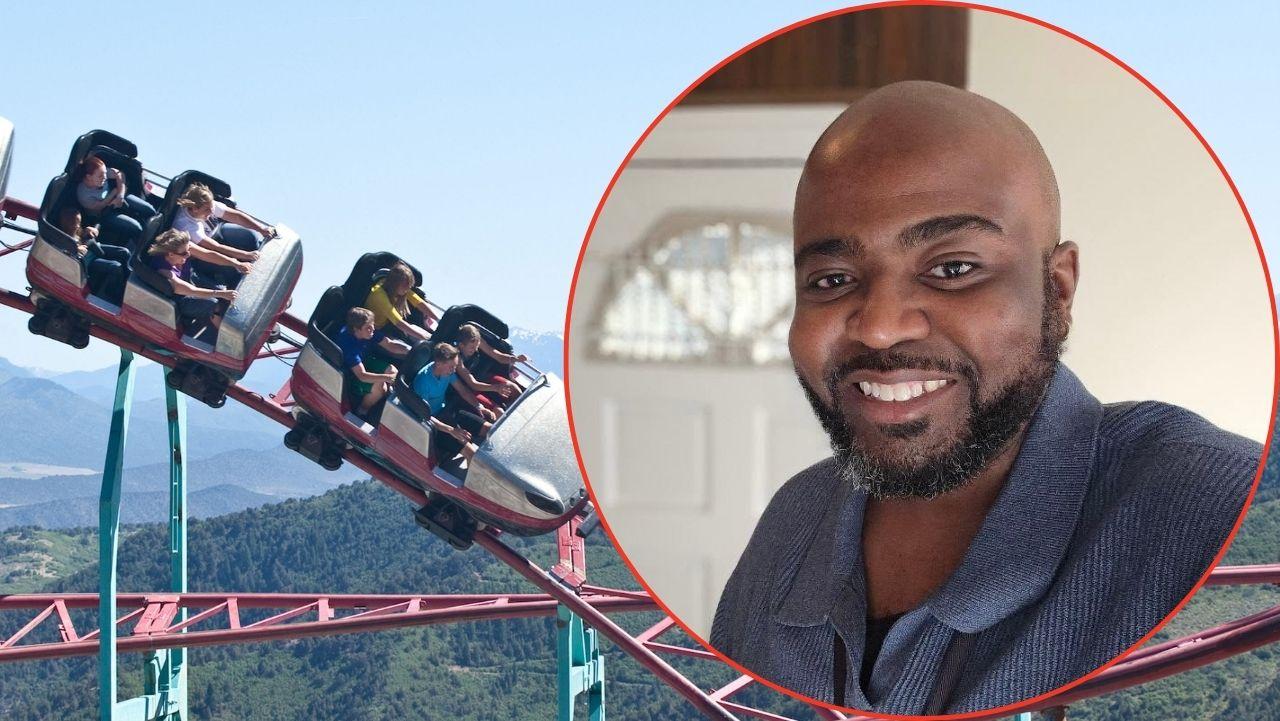 Split photo of roller coaster and Hassan Jihad Ibn Kariem