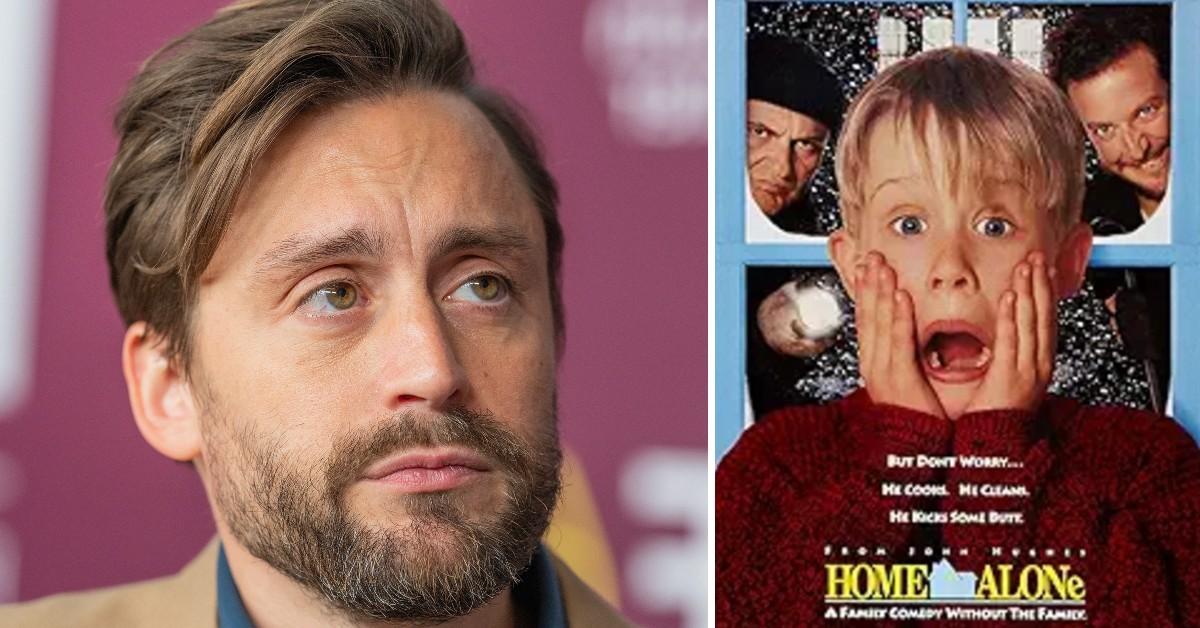 Split photo of Kieran Culkin, 'Home Alone' movie poster.