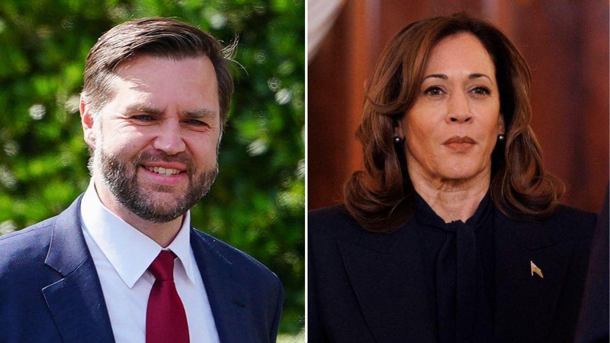 split image of J.D. Vance and Kamala Harris