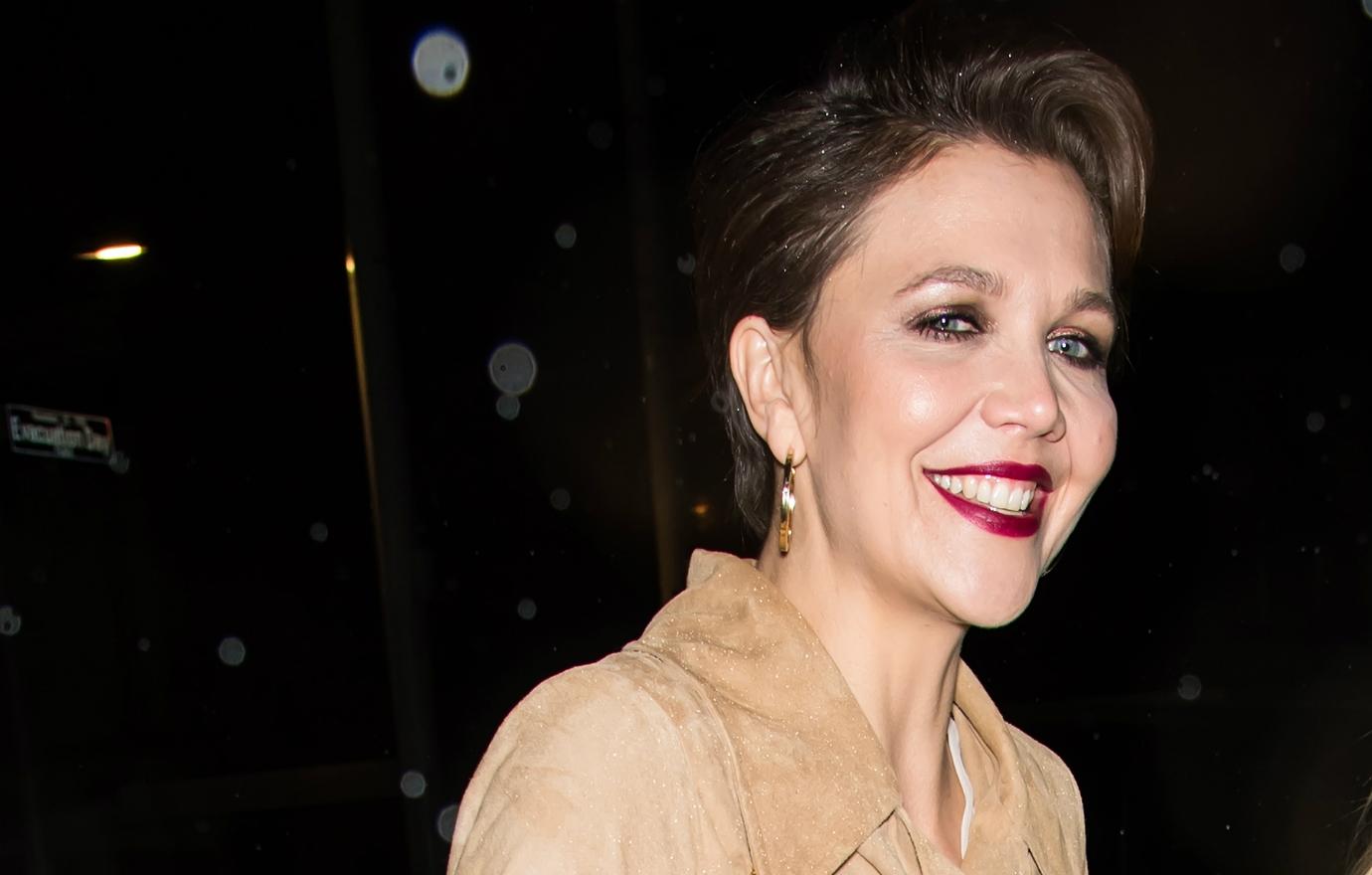 Maggie Gyllenhaal is seen leaving the Oscar De La Renta fashion show at the Cunard Building during New York Fashion Week on February 12, 2019 in New York City