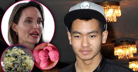 Maddox Jolie Pitt Wearing Hat Looking Serious with Inset of Angelina Looking Worried Along With Stock Imagery of Marijuana and Ecstasy Pills