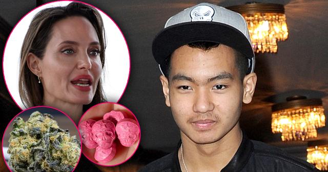 Maddox Jolie Pitt Wearing Hat Looking Serious with Inset of Angelina Looking Worried Along With Stock Imagery of Marijuana and Ecstasy Pills