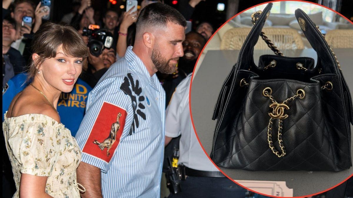 picture of Taylor Swift, travis kelce and chanel bag.