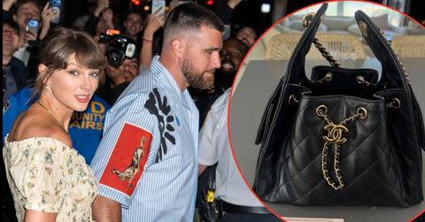 picture of Taylor Swift, travis kelce and chanel bag.