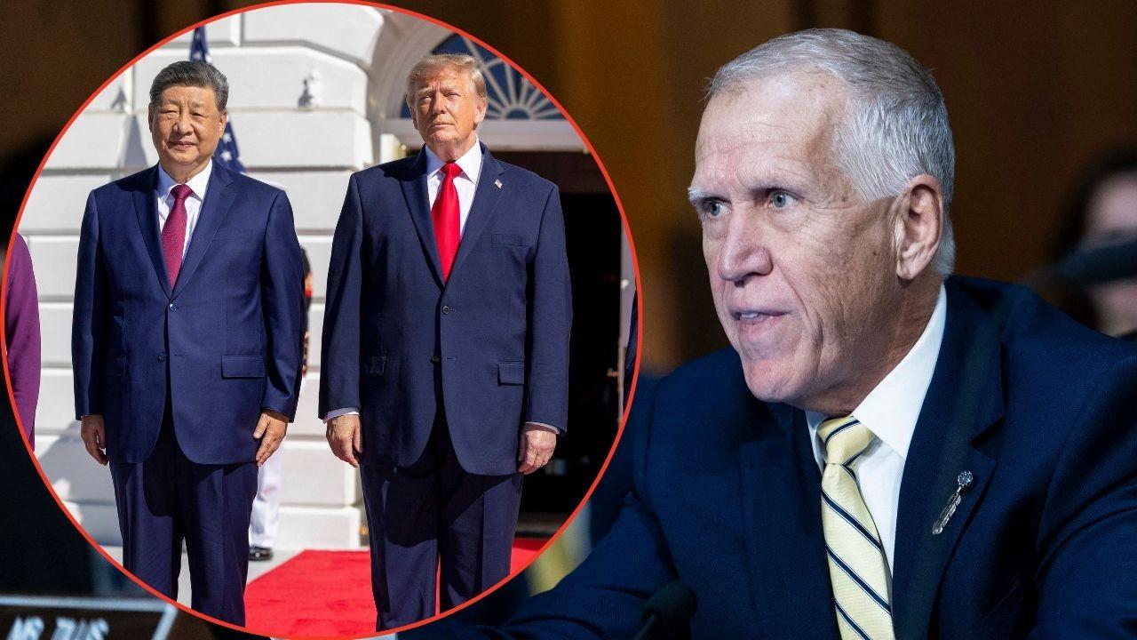Split image of Thom Tillis and Donald Trump with Xi Jinping