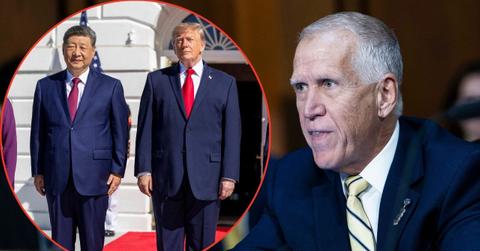 Split image of Thom Tillis and Donald Trump with Xi Jinping