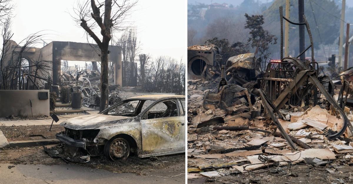 Split photo of California wildfires.