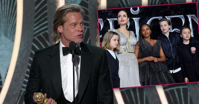 Brad Pitt on stage plus inset of Angelina Jolie with Some of Their Kids, Brad Pitt Snubs Kids In 2020 Golden Globes Speech
