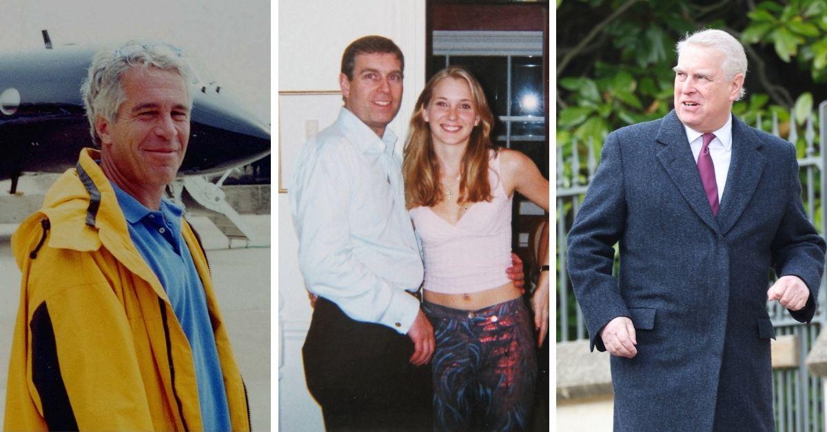 Split photos of Jeffrey Epstein, Virgini Guiffre and Andrew Windsor