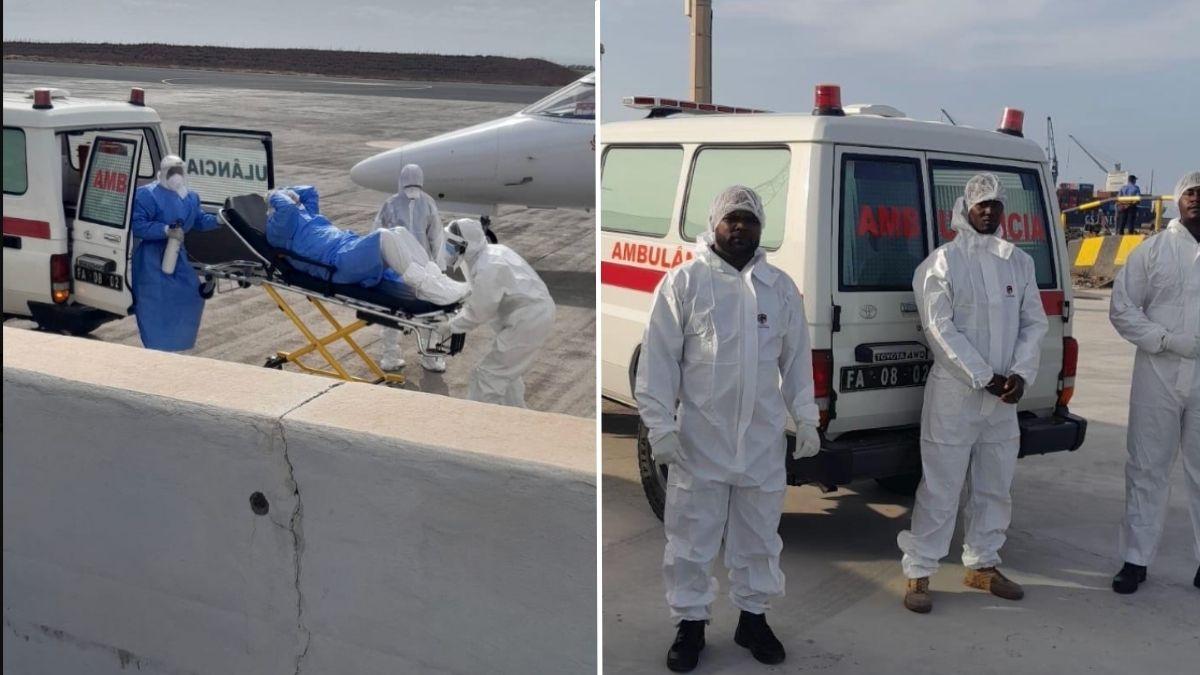 New photos show a suspected hantavirus patient being evacuated off the ship.
