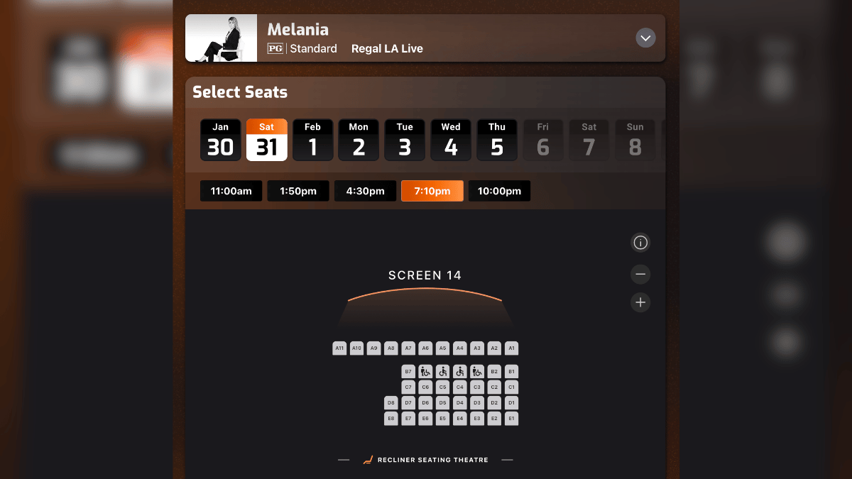 Photo of available seats for opening night of 'Melania' at a Los Angeles theater.