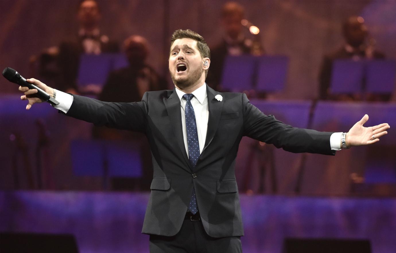 Michael Buble performed in support of his "Love" release at ORACLE Arena on April 03, 2019 in Oakland, California.