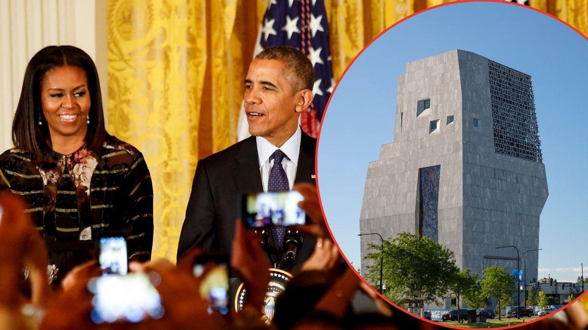 A photo of Michelle and Barack Obama alongside a photo of the Barack Obama Presidential Center