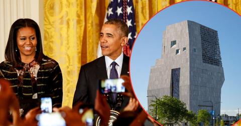 A photo of Michelle and Barack Obama alongside a photo of the Barack Obama Presidential Center