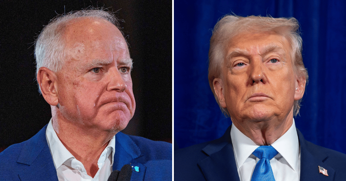 Split photo of Tim Walz, Donald Trump