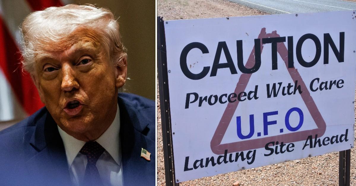 Split photo of Donald Trump, Caution sign