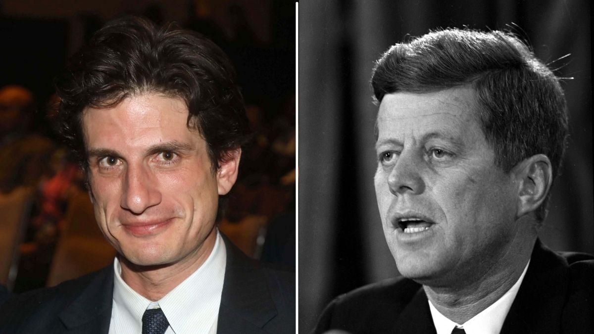 A photo of Jack Schlossberg alongside a photo of John F. Kennedy