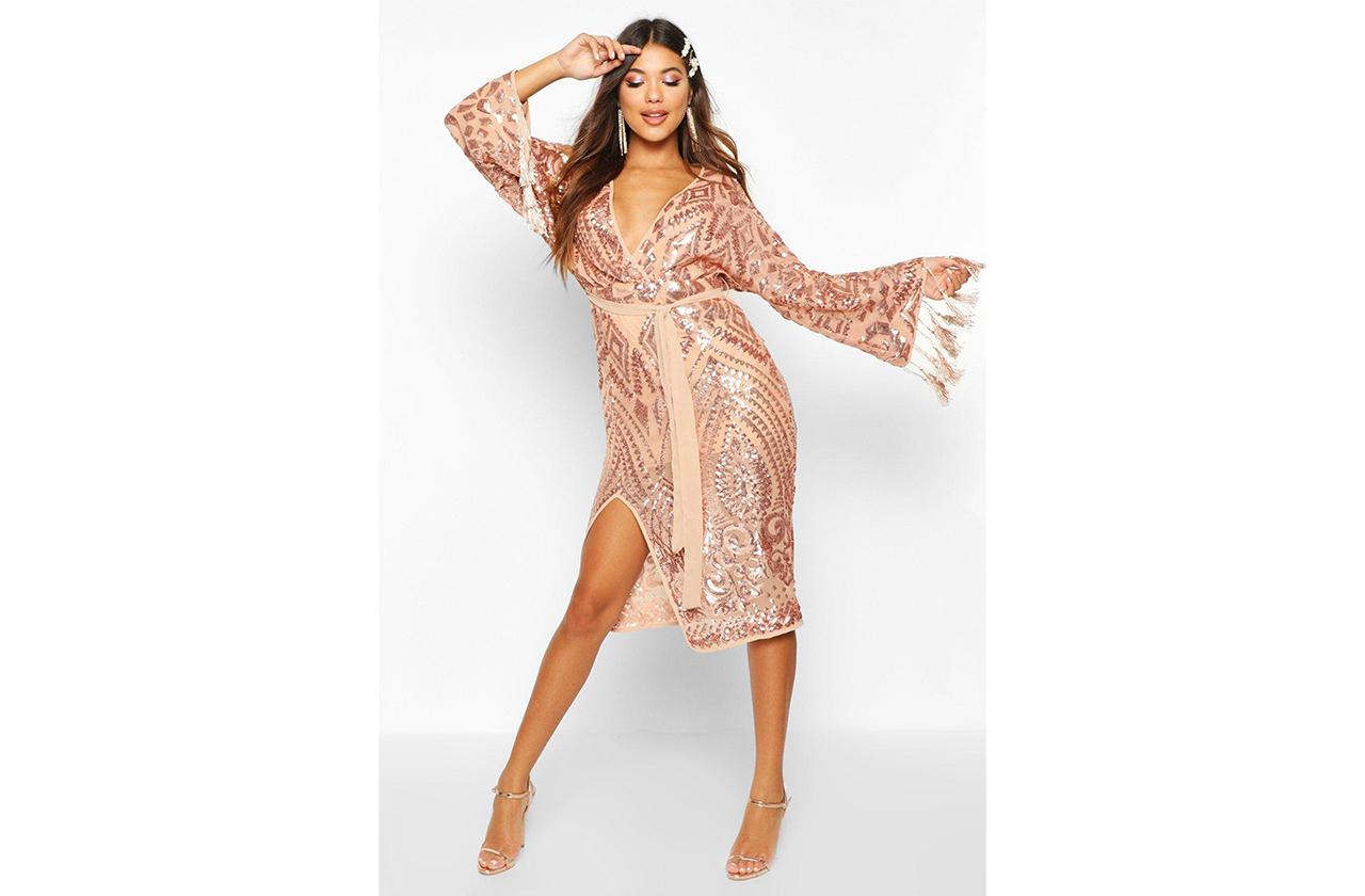 Sequin and Tassel Kimono Sleeve Midi Dress