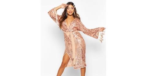 Sequin and Tassel Kimono Sleeve Midi Dress
