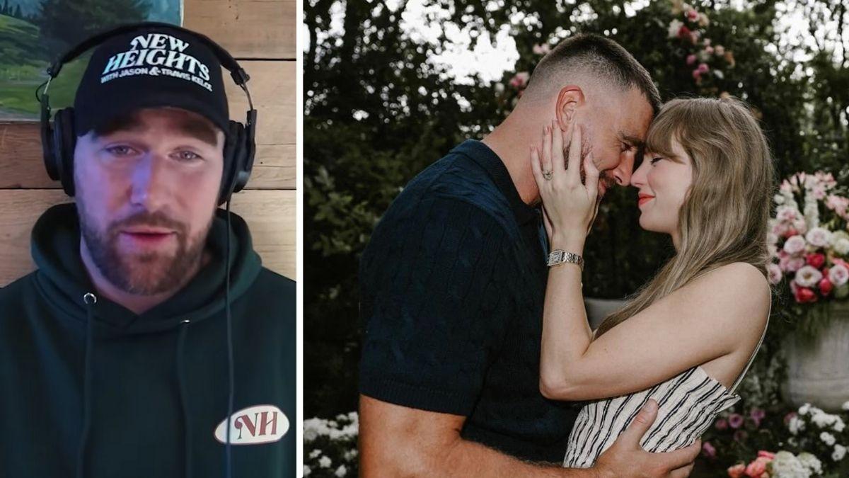 split image of Travis Kelce and Travis Kelce and Taylor Swift