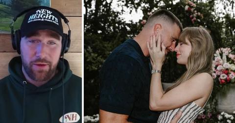 split image of Travis Kelce and Travis Kelce and Taylor Swift