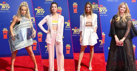 Left, Tana Mongeau wears a dress that looks like a dollar bill. Left center, Annie Murphy wears pink pajamas. Right center, Renee Bargh wears a white skirt and a pink top. Right, Mischa Barton wears a black dress.