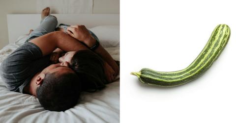 Split photo of a couple and a cucumbers.