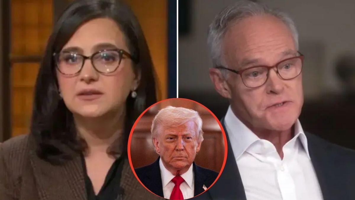 split image of Bari Weiss / Scott Pelley / Donald Trump