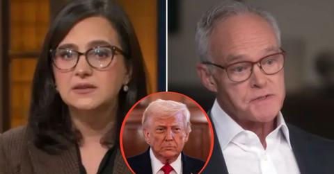 split image of Bari Weiss / Scott Pelley / Donald Trump