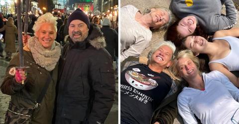 Split photos of Anne Burrell and Stuart Claxton, Anne Burrell with friends