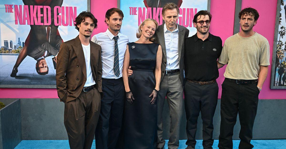 Photo of Dylan Jagger Lee, Brandon Thomas Lee, Pamela Anderson, Liam Neeson, Daniel Neeson and Micheál Neeson
