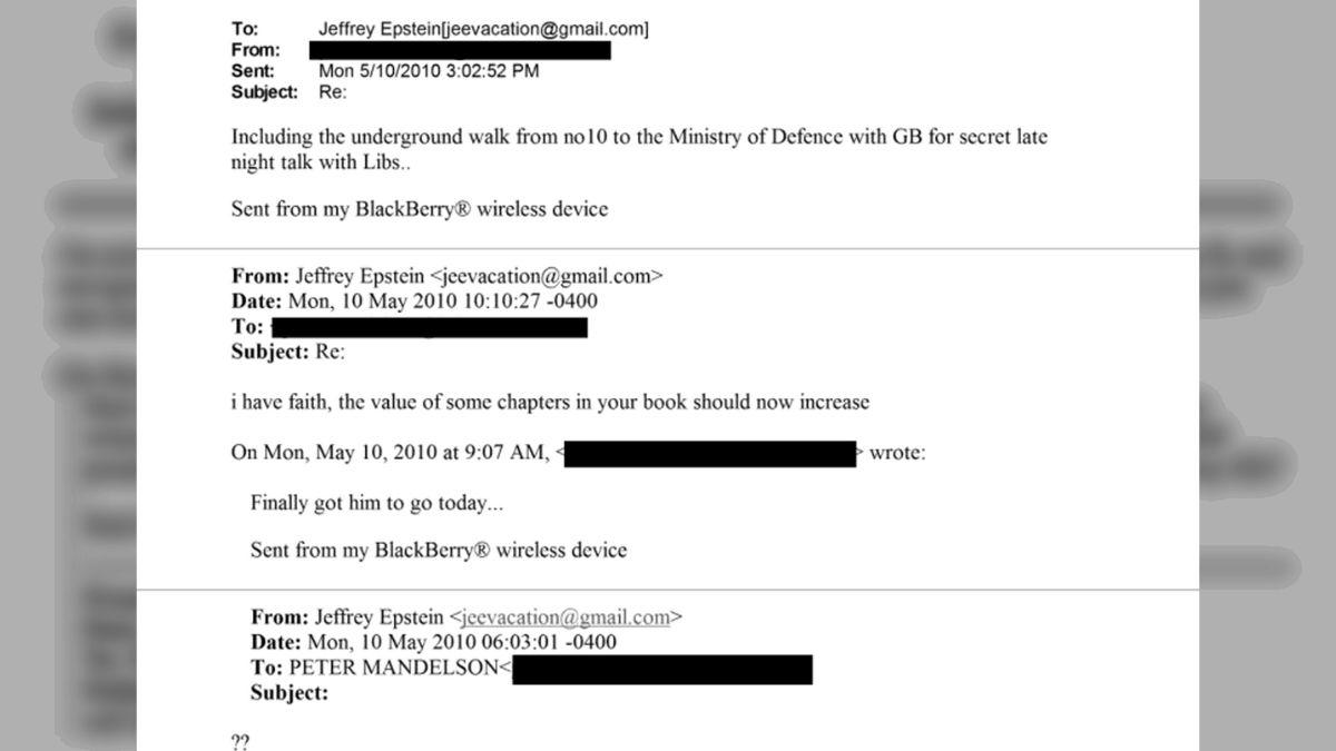 Photo of Epstein's email to Mandelson