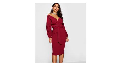 Off the Shoulder Wrap Midi Dress