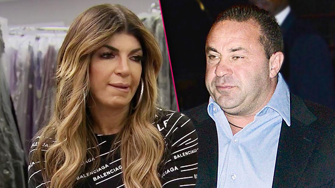 Guilty Looking Teresa Giudice Wearin Balenciaga Top; Joe Giudice Wearing Dark Suit and Light Blue Shirt Looking Left