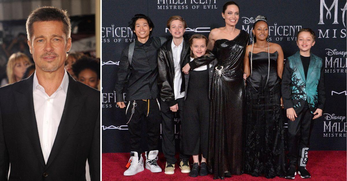 Split photo of Brad Pitt, Angelina Jolie and her kids