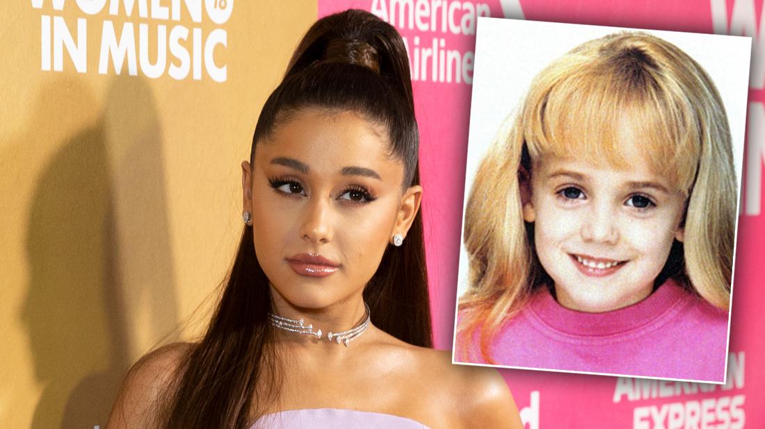 Ariana Grande Closeup Looking Serious With High Pony Tail and Pink Dress With Inset of JonBenet Ramsey in Pink Shirt Smiling